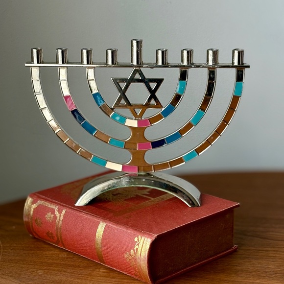 Silver-Tone Enamel Menorah with Multicolor Inlays - Picture 8 of 15